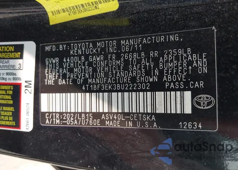 2011 Toyota Camry Le/Se/Xle из США, поврежденный, VIN 4T1BF3EK3BU222302